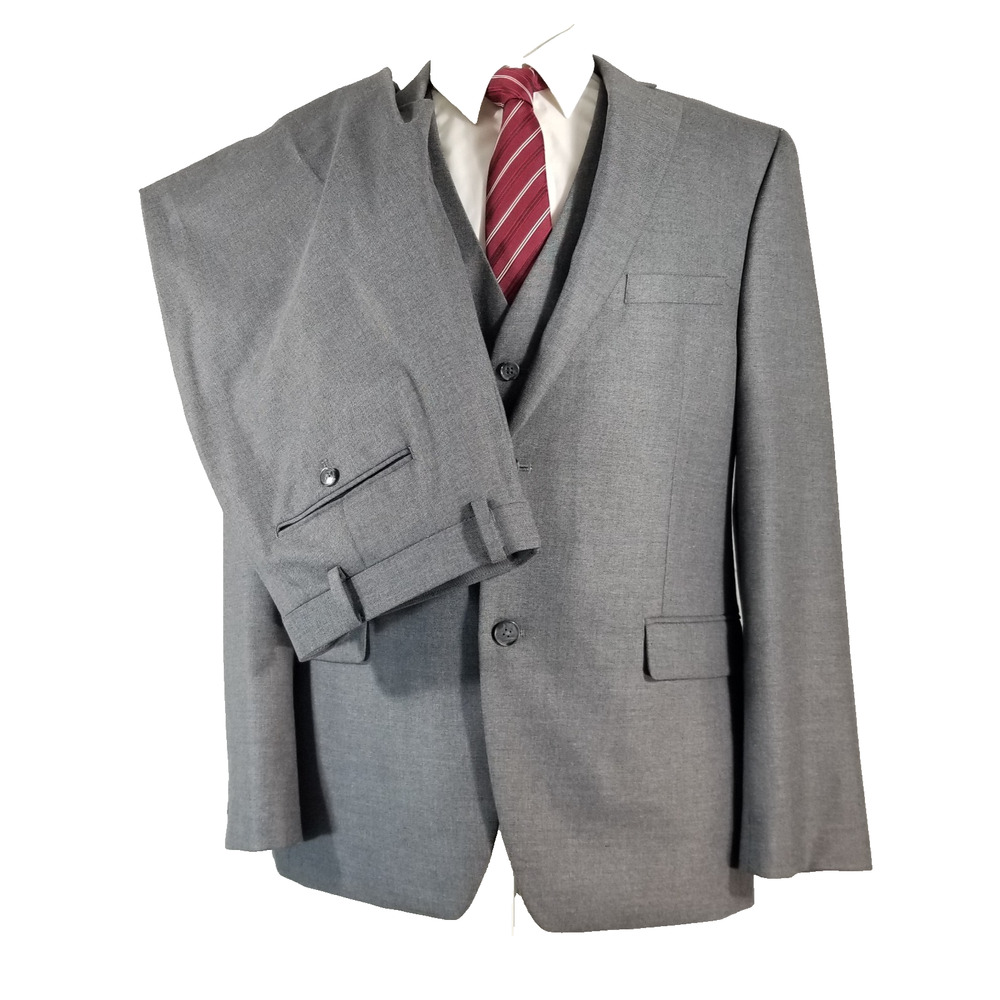 Macy's Alfani suit 3 piece men's 42R gray modern slim fit stretch pants 38x28